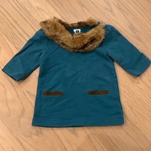 Janie & Jack cotton/poly/spandex teal dress faux fur collar, size 18-24 months